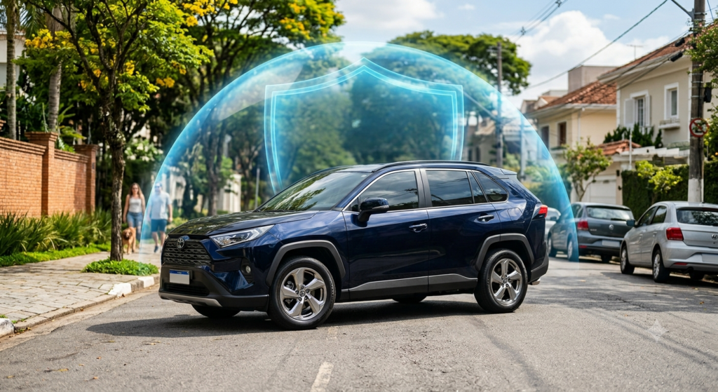 Carro protegido por uma bolha que representa o seguro de automóvel