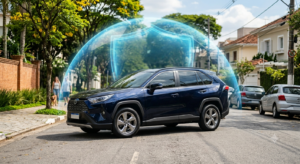 Carro protegido por uma bolha que representa o seguro de automóvel