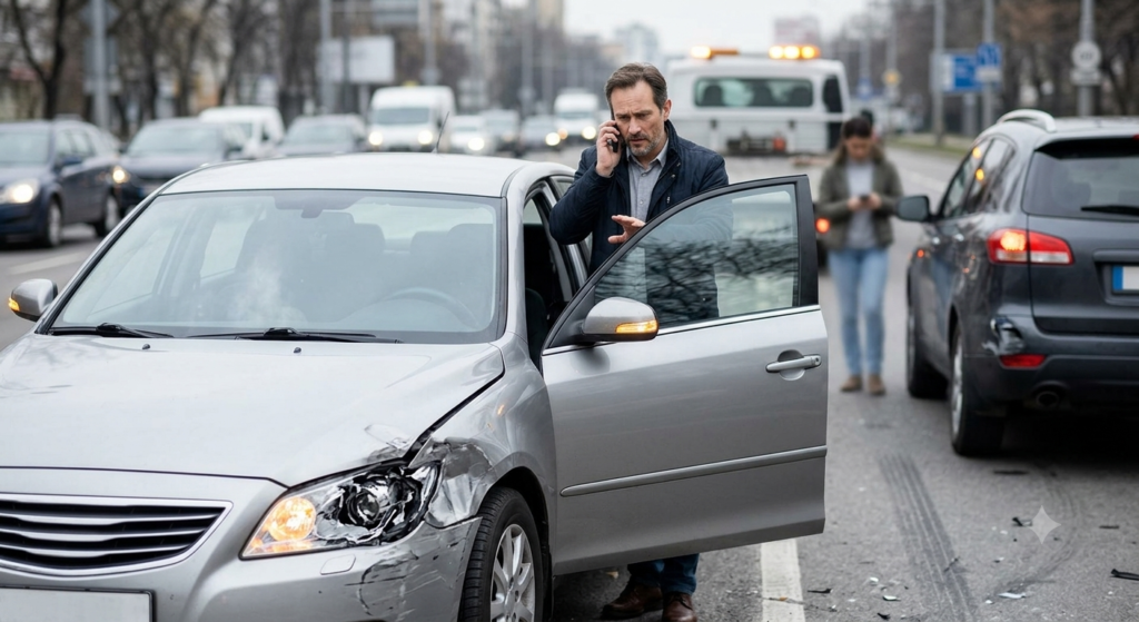 Após carro batido, homem liga para acionar a seguradora do veículo