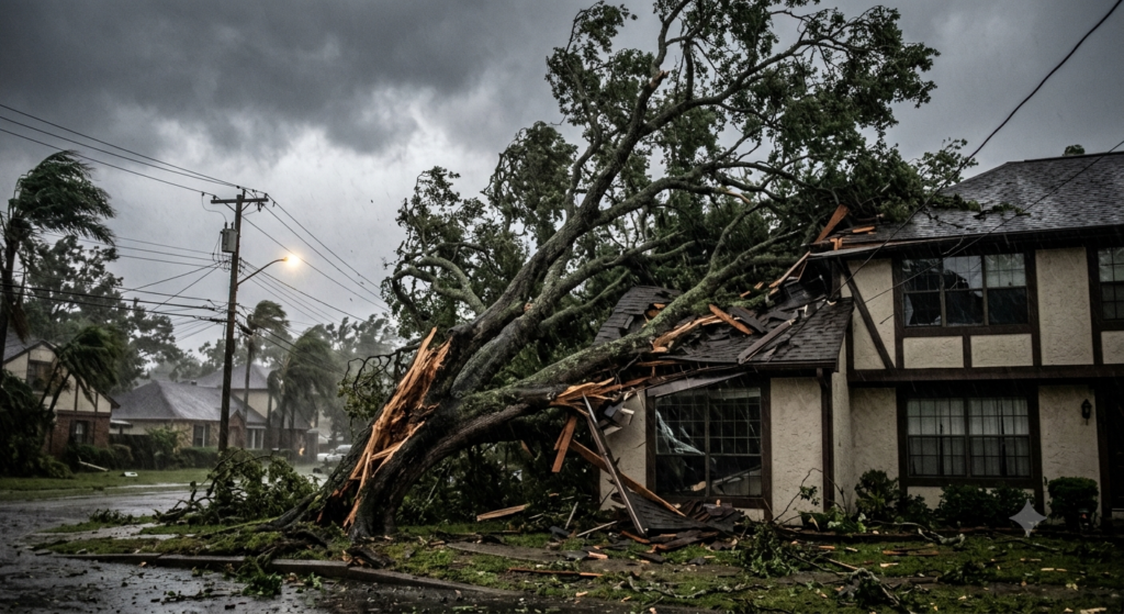 Casa atingida por queda de árvore a´[ps tempestade